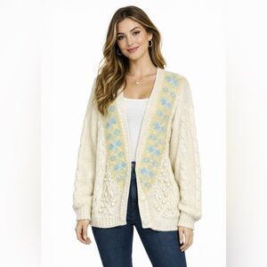 Vintage 80s Hand Knit Floral Cardigan Cottagecore Granny Knit Sweater M